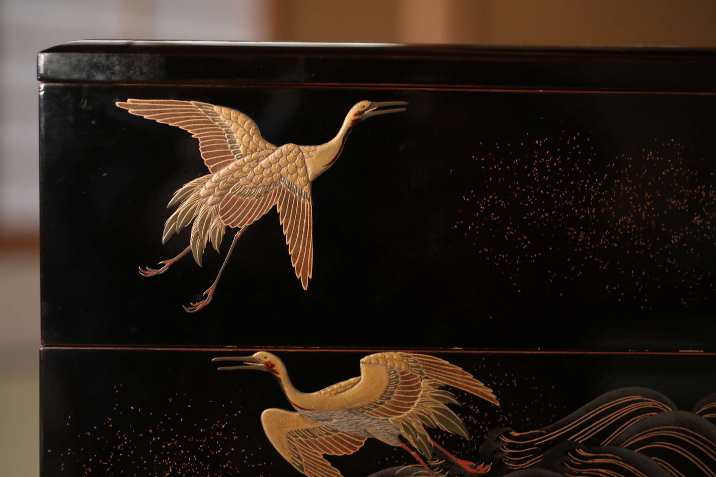Antique Japanese Lacquer Jubako Box: Edo Crane Waves Makie, 4-Tiered