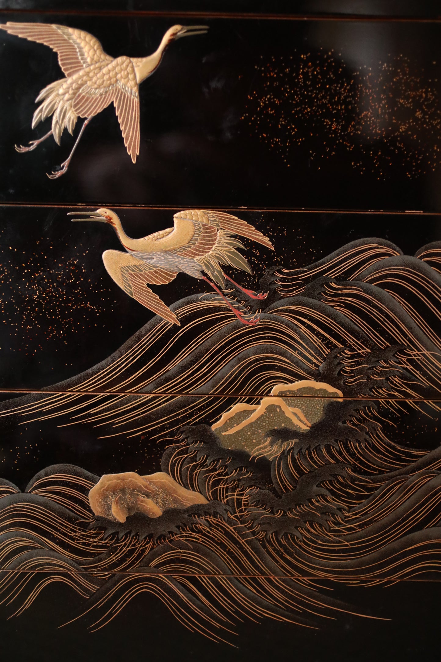 Antique Japanese Lacquer Jubako Box: Edo Crane Waves Makie, 4-Tiered