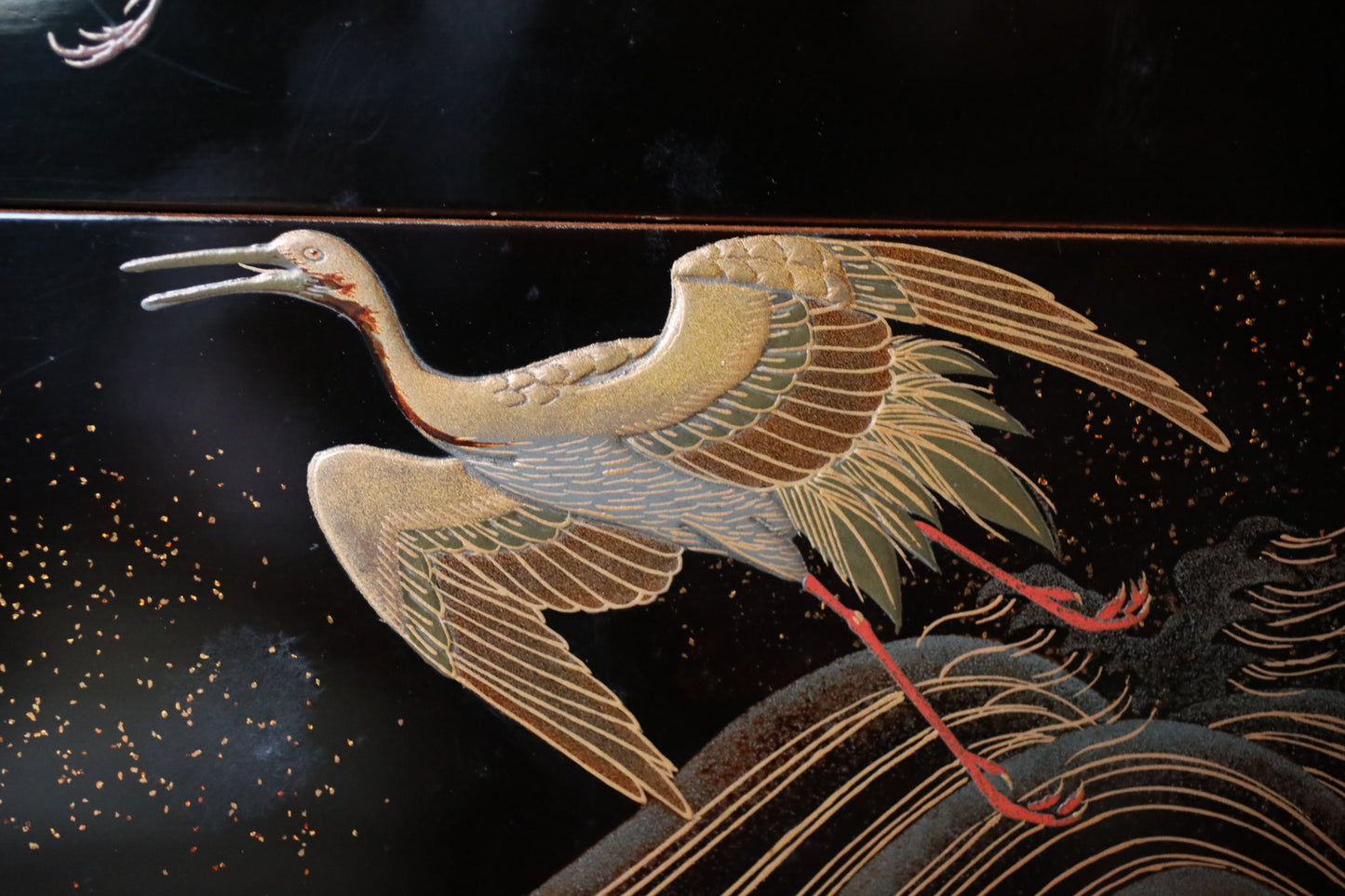 Antique Japanese Lacquer Jubako Box: Edo Crane Waves Makie, 4-Tiered