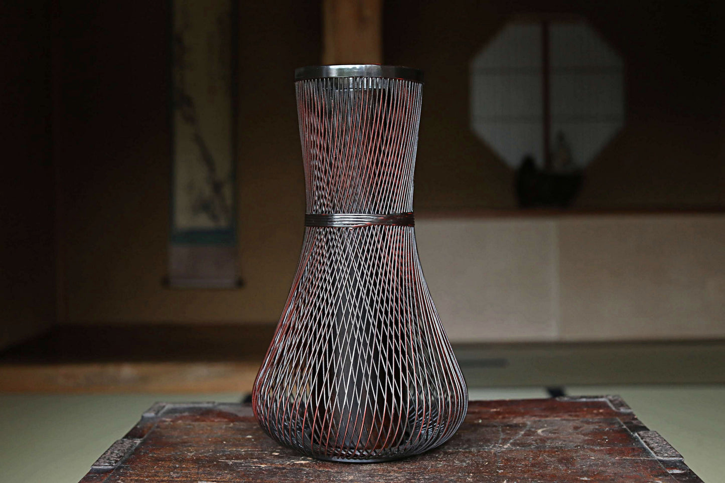Japanese vintage lacquered  bamboo woven flower basket vase urushi craft H12.8in /32.5cm