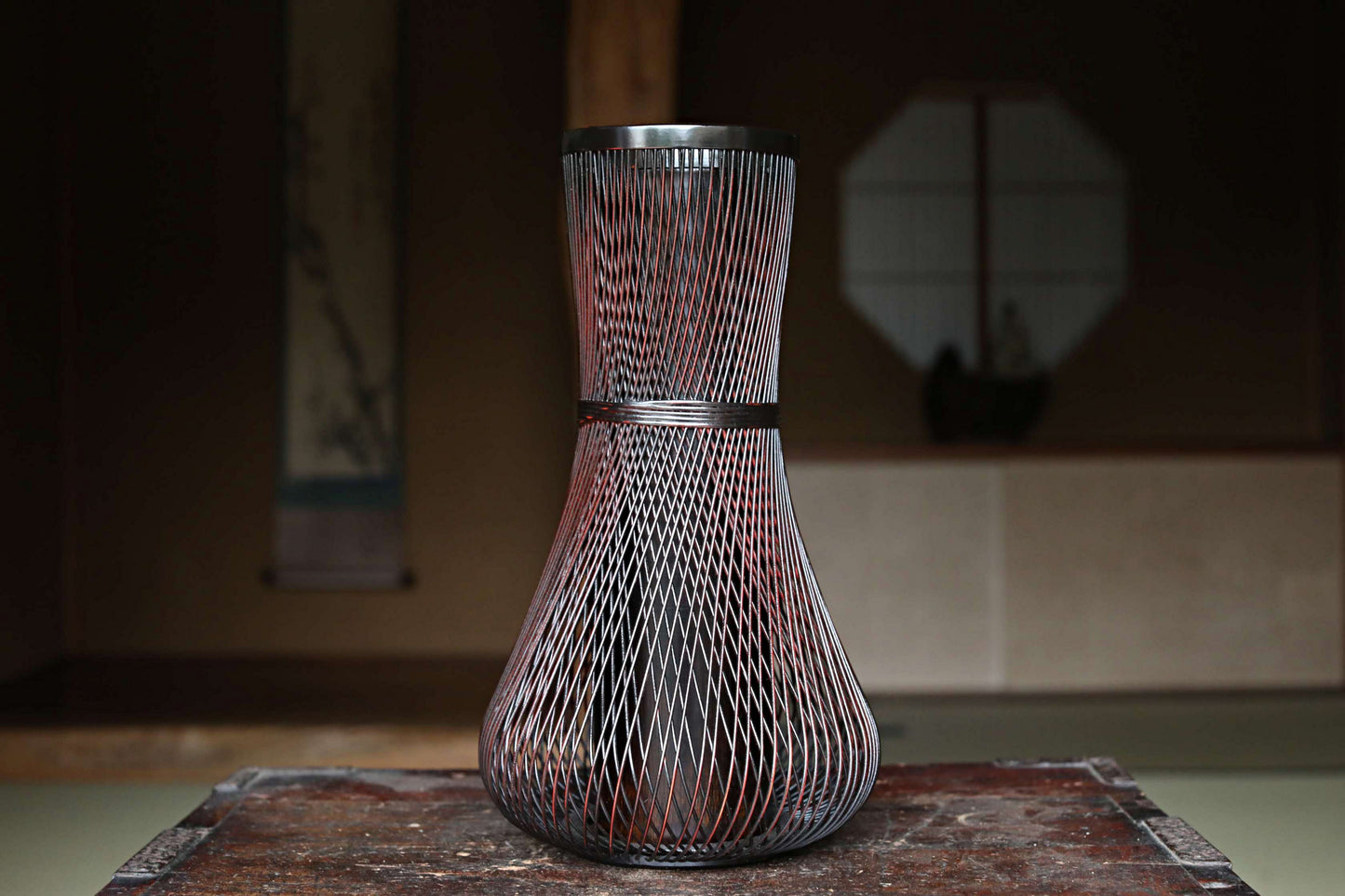 Japanese vintage lacquered  bamboo woven flower basket vase urushi craft H12.8in /32.5cm