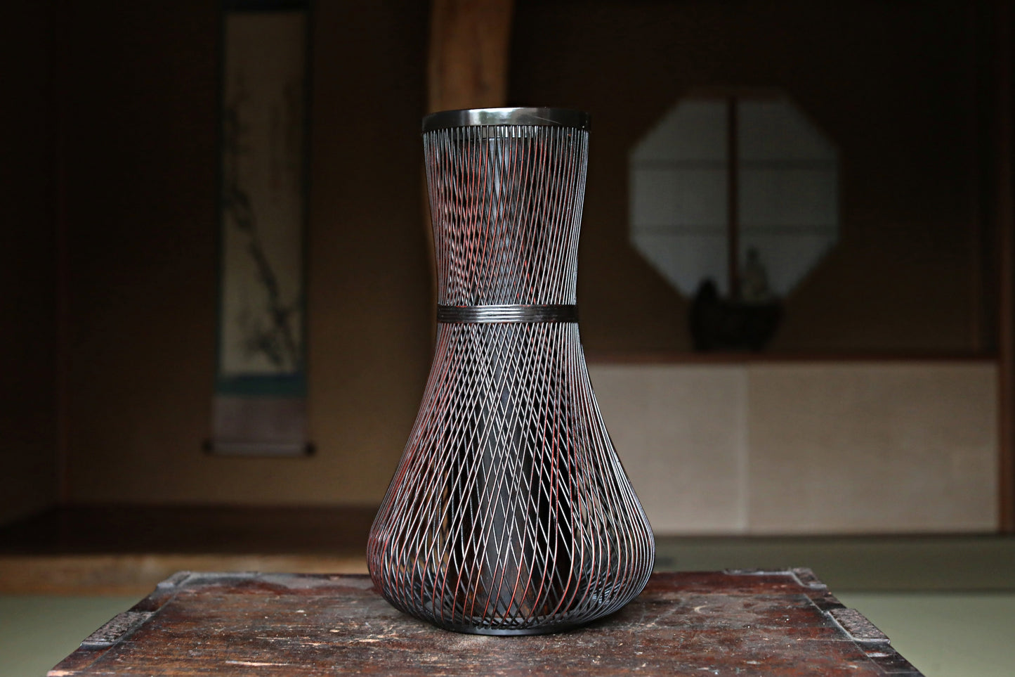 Japanese vintage lacquered  bamboo woven flower basket vase urushi craft H12.8in /32.5cm