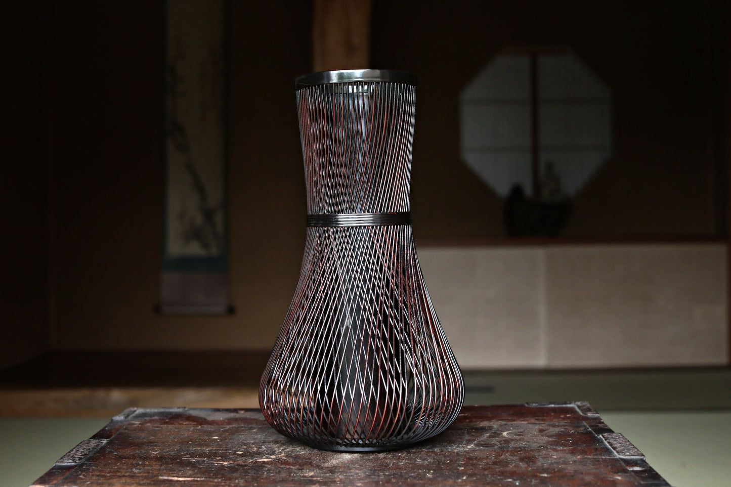 Japanese vintage lacquered  bamboo woven flower basket vase urushi craft H12.8in /32.5cm