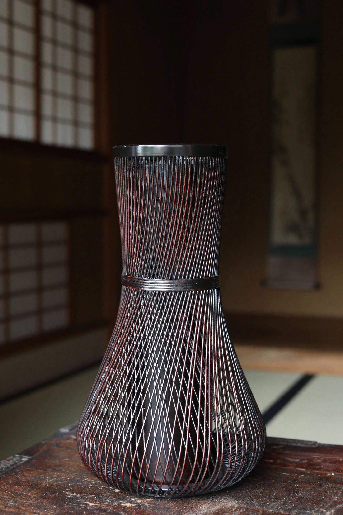 Japanese vintage lacquered  bamboo woven flower basket vase urushi craft H12.8in /32.5cm
