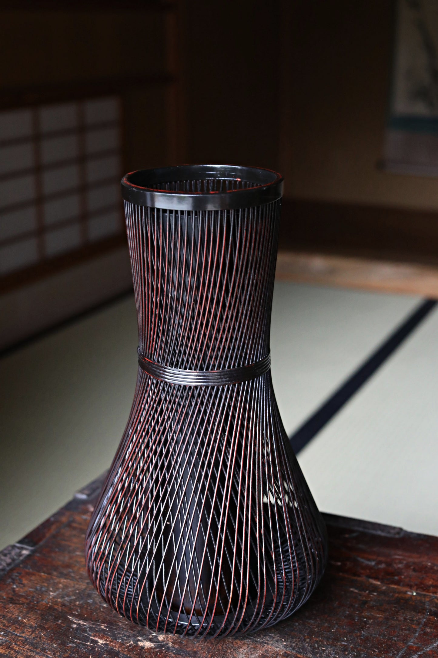 Japanese vintage lacquered  bamboo woven flower basket vase urushi craft H12.8in /32.5cm