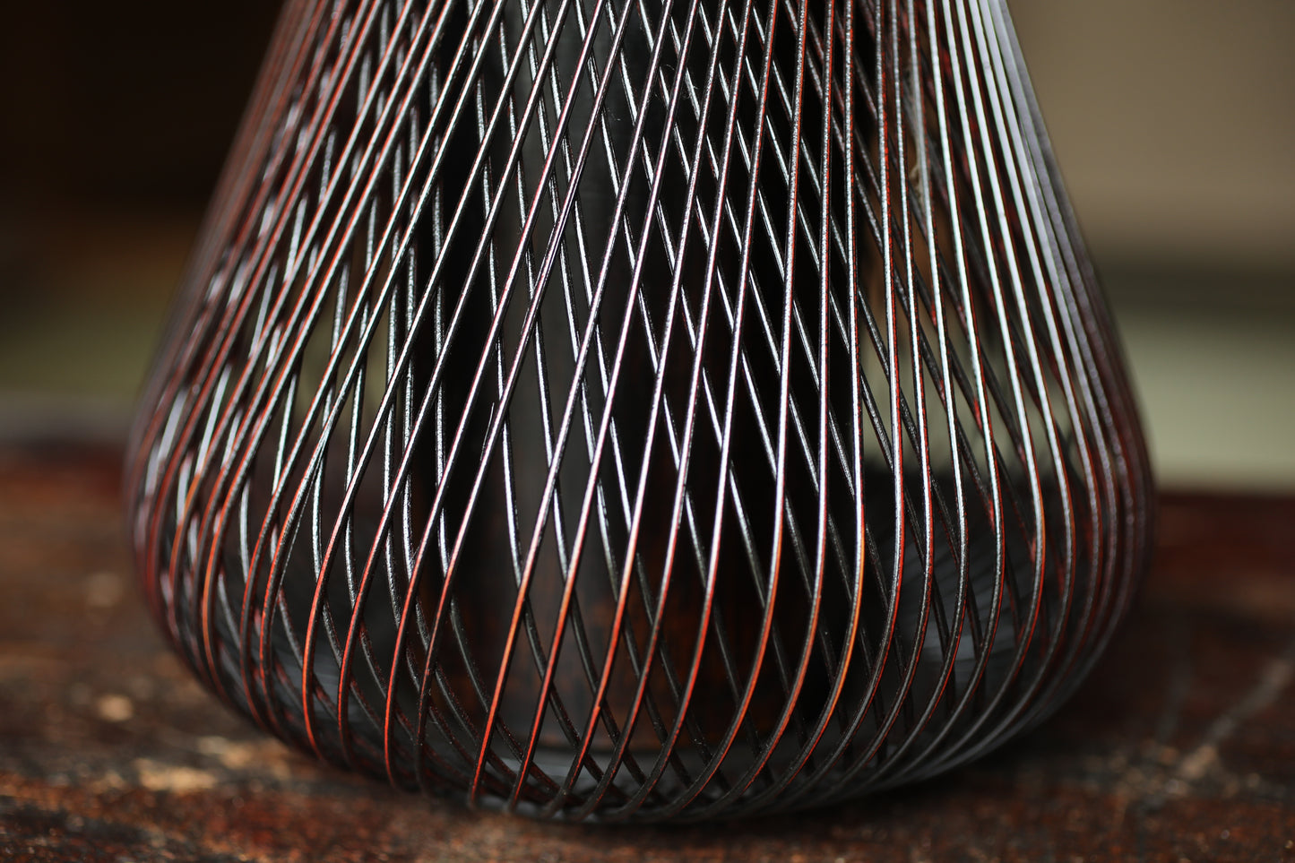 Japanese vintage lacquered  bamboo woven flower basket vase urushi craft H12.8in /32.5cm