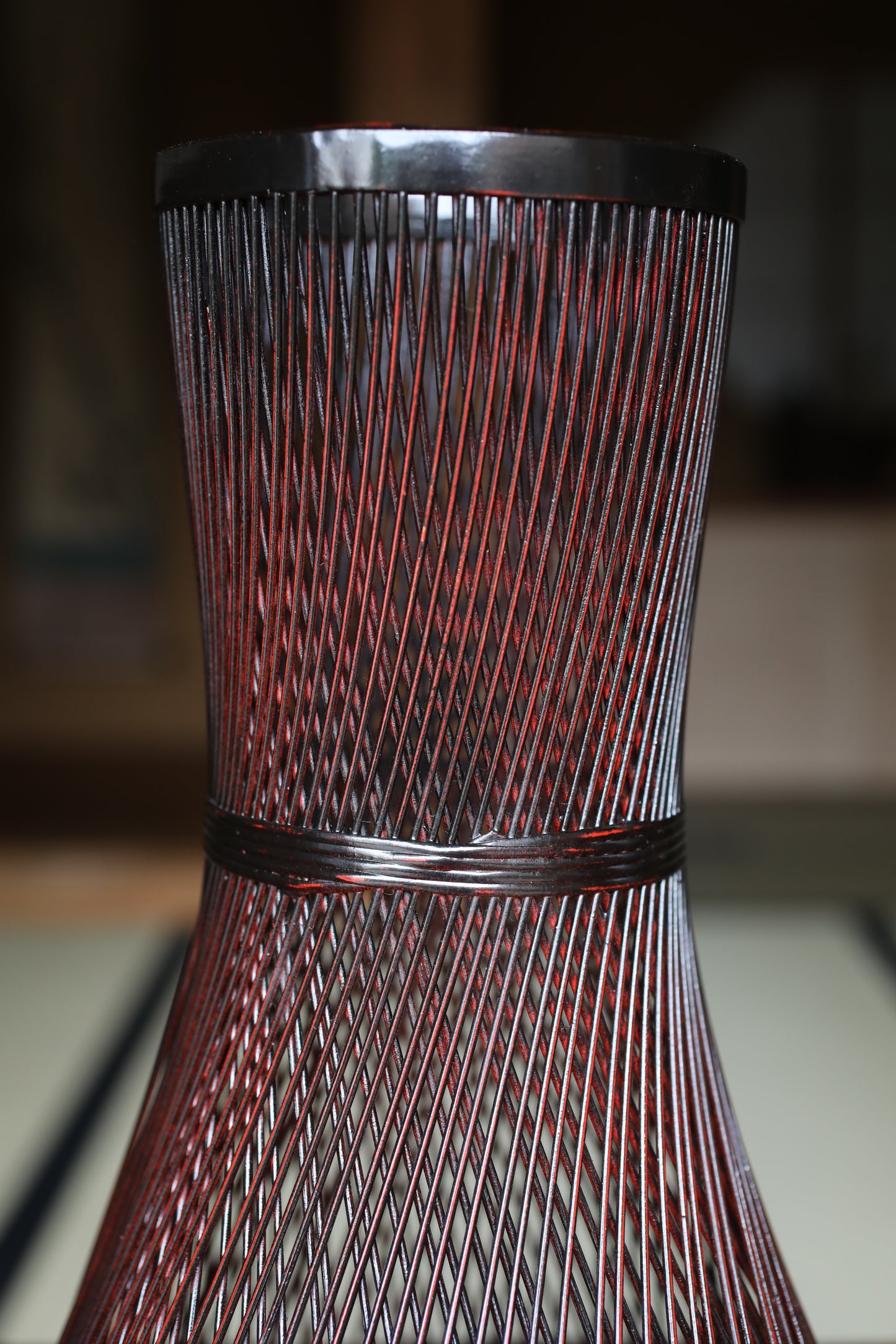 Japanese vintage lacquered  bamboo woven flower basket vase urushi craft H12.8in /32.5cm