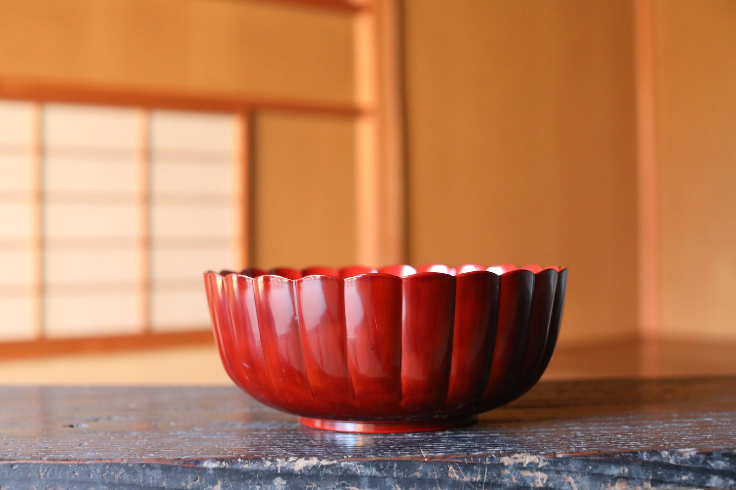 Japanese vintage red lacquer urushi Chrysanthemum flower shape serving bowl for sweets 9.4in/24cm