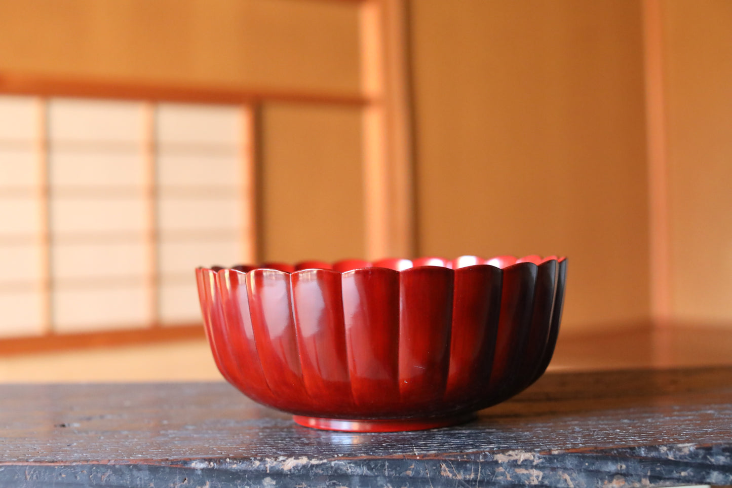 Japanese vintage red lacquer urushi Chrysanthemum flower shape serving bowl for sweets 9.4in/24cm