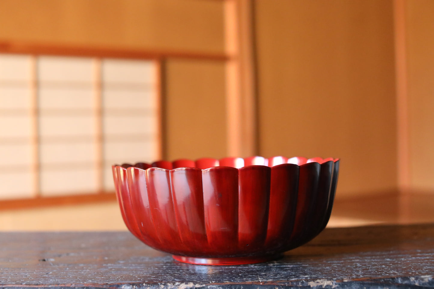Japanese vintage red lacquer urushi Chrysanthemum flower shape serving bowl for sweets 9.4in/24cm