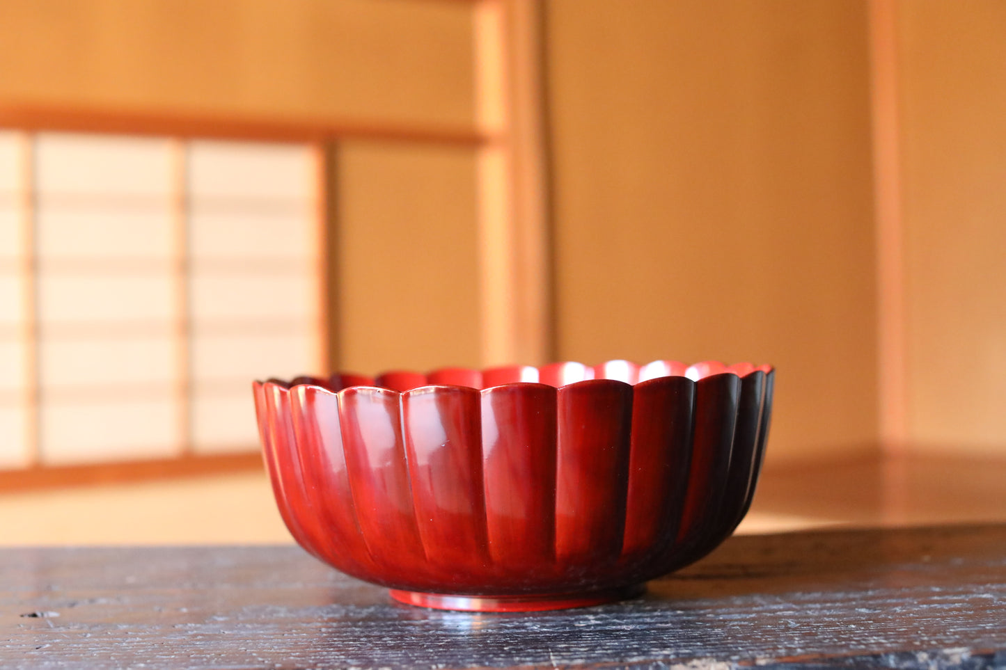 Japanese vintage red lacquer urushi Chrysanthemum flower shape serving bowl for sweets 9.4in/24cm