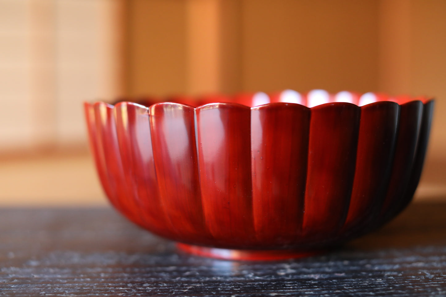 Japanese vintage red lacquer urushi Chrysanthemum flower shape serving bowl for sweets 9.4in/24cm
