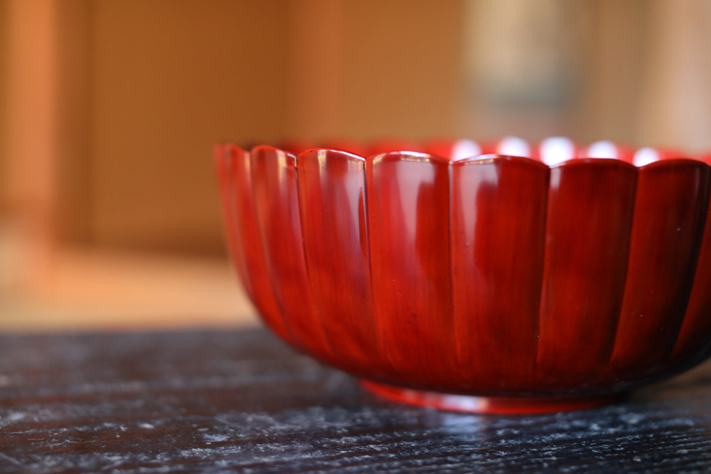Japanese vintage red lacquer urushi Chrysanthemum flower shape serving bowl for sweets 9.4in/24cm