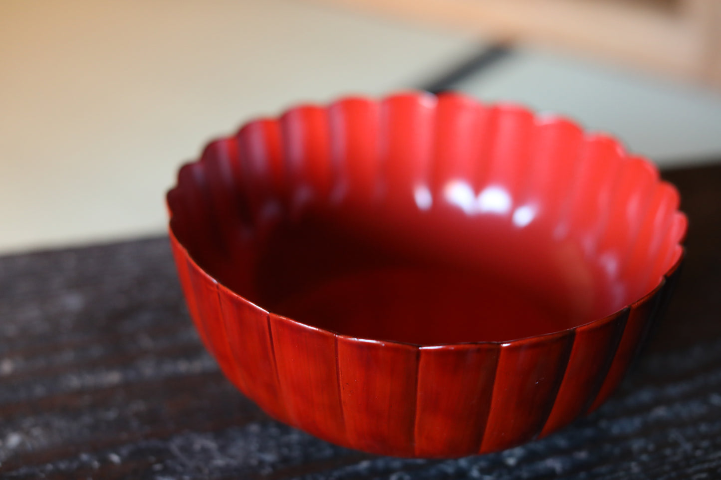 Japanese vintage red lacquer urushi Chrysanthemum flower shape serving bowl for sweets 9.4in/24cm