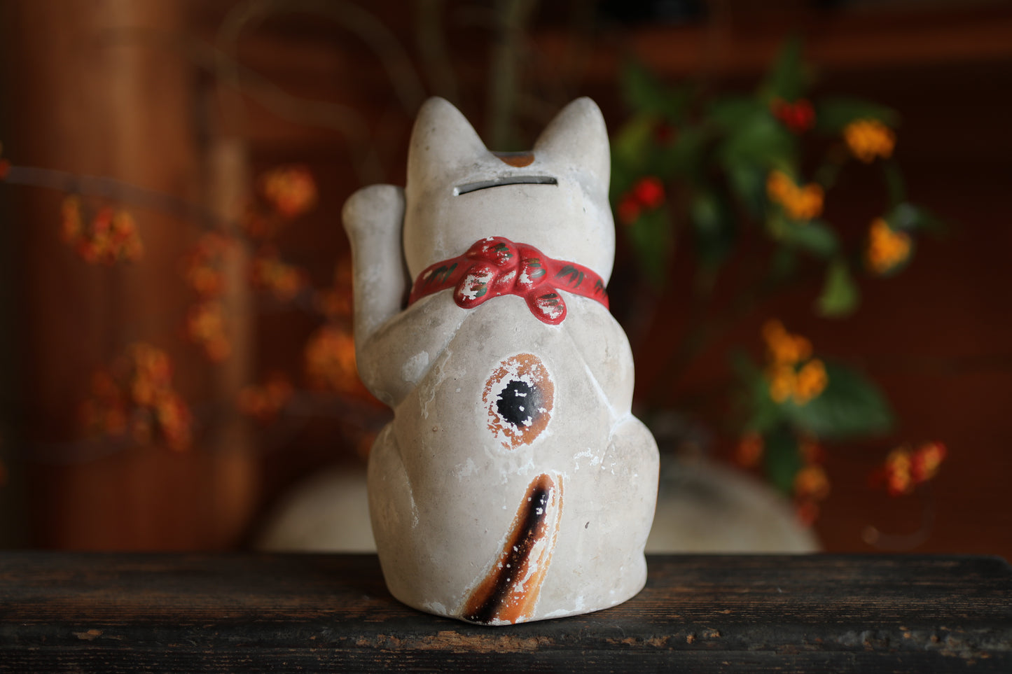 Japanese antique Cat doll MANEKINAKO white cat old ceramic money box, Welcome cat, Fortune cat, Lucky cat 1910s H7.3in/H18.5cm.