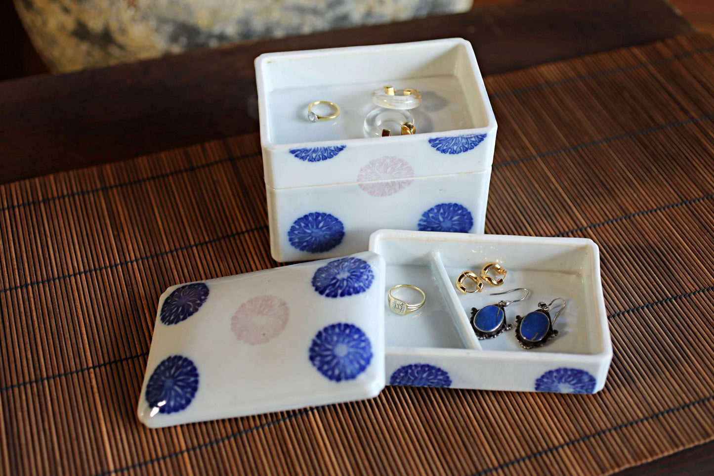 Antique Porcelain Jūbako Box, Seaweed Pattern, Stacking Ceramic Container