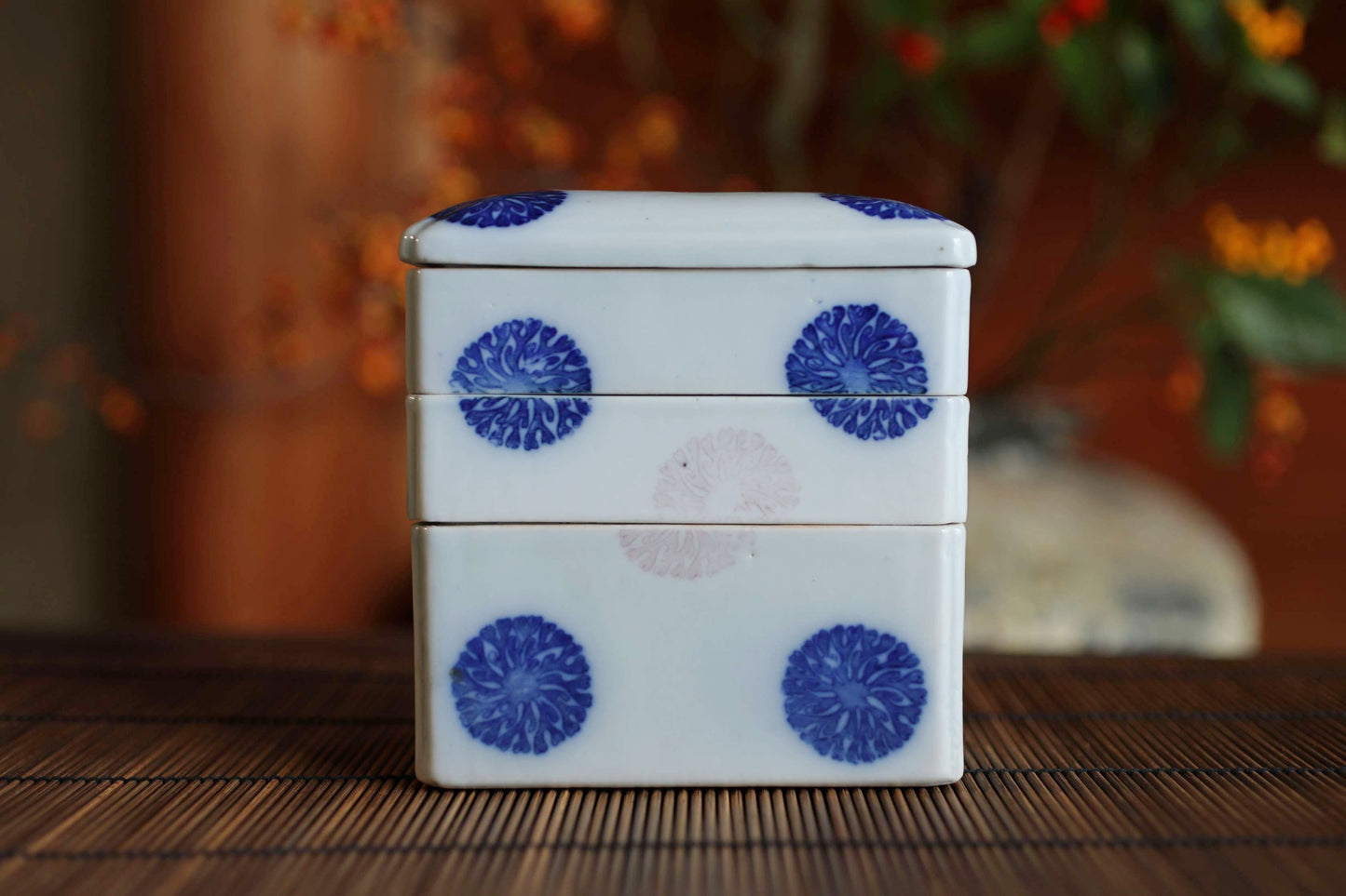 Antique Porcelain Jūbako Box, Seaweed Pattern, Stacking Ceramic Container