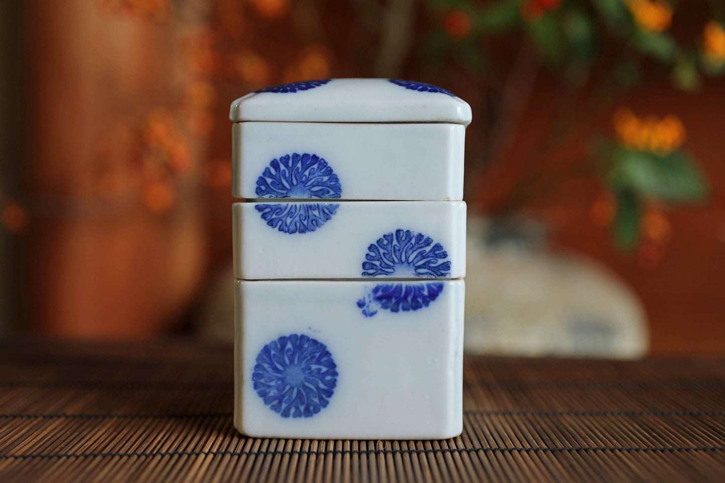 Antique Porcelain Jūbako Box, Seaweed Pattern, Stacking Ceramic Container