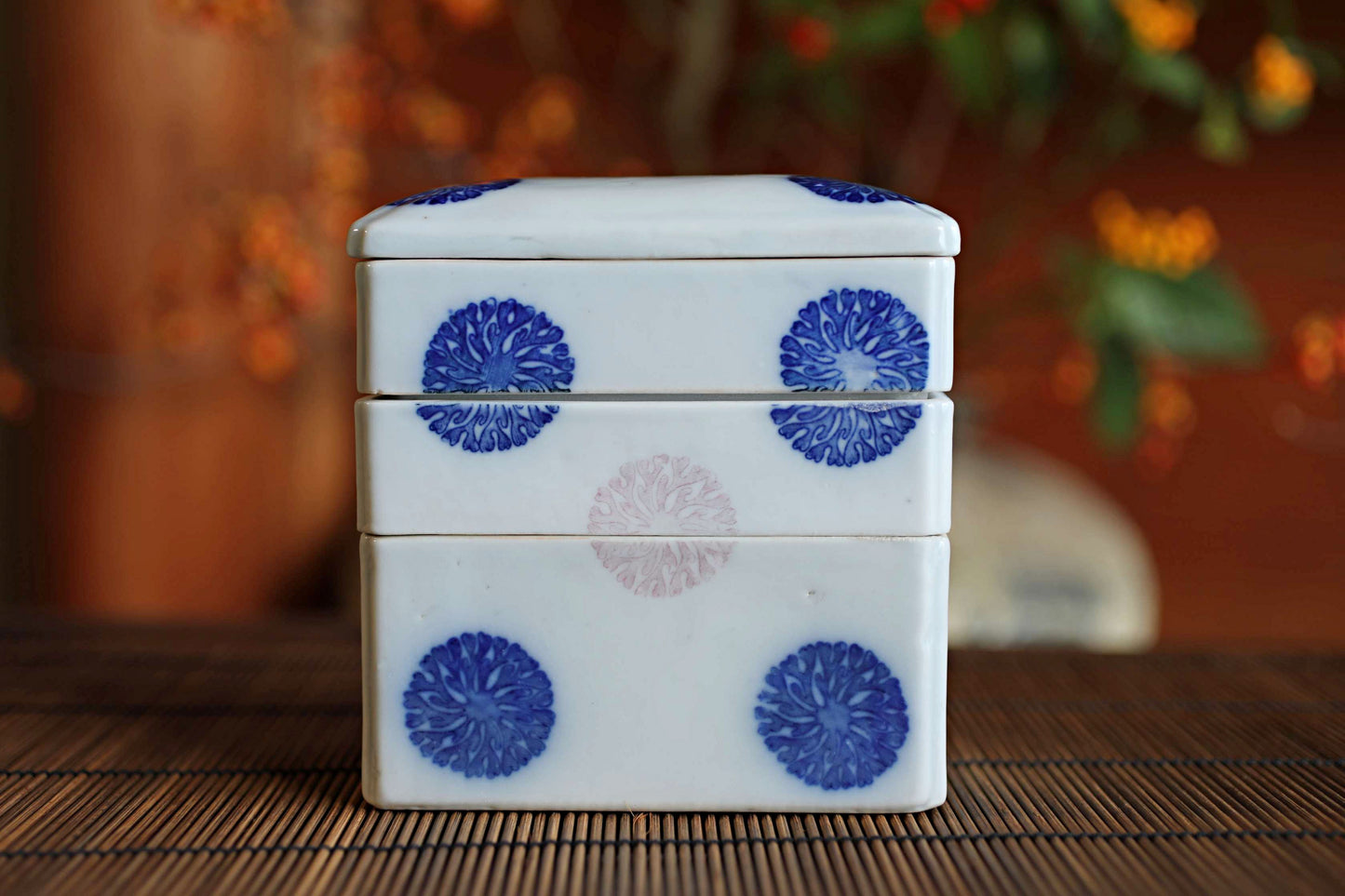 Antique Porcelain Jūbako Box, Seaweed Pattern, Stacking Ceramic Container