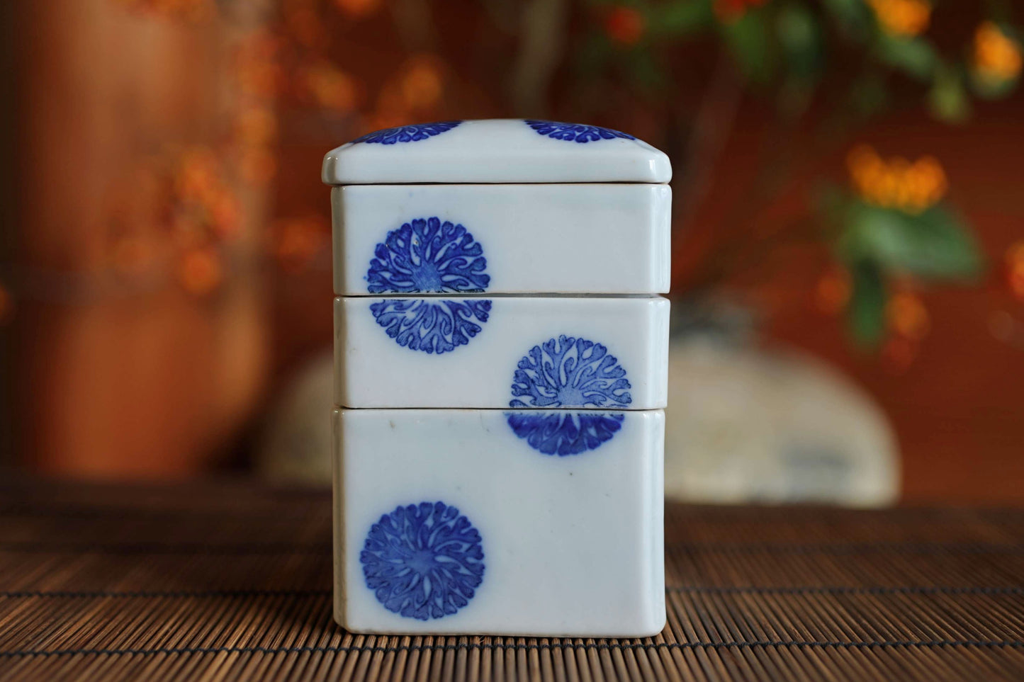 Antique Porcelain Jūbako Box, Seaweed Pattern, Stacking Ceramic Container