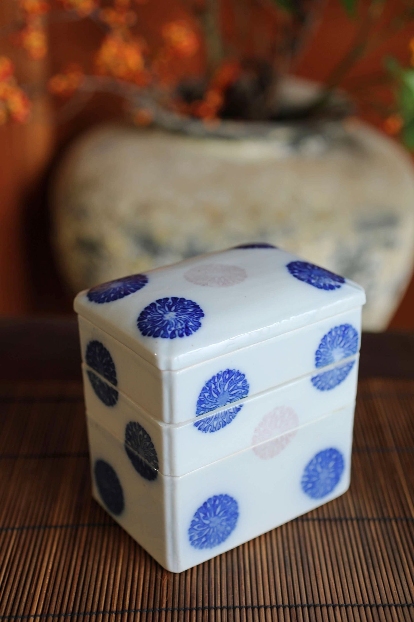 Antique Porcelain Jūbako Box, Seaweed Pattern, Stacking Ceramic Container