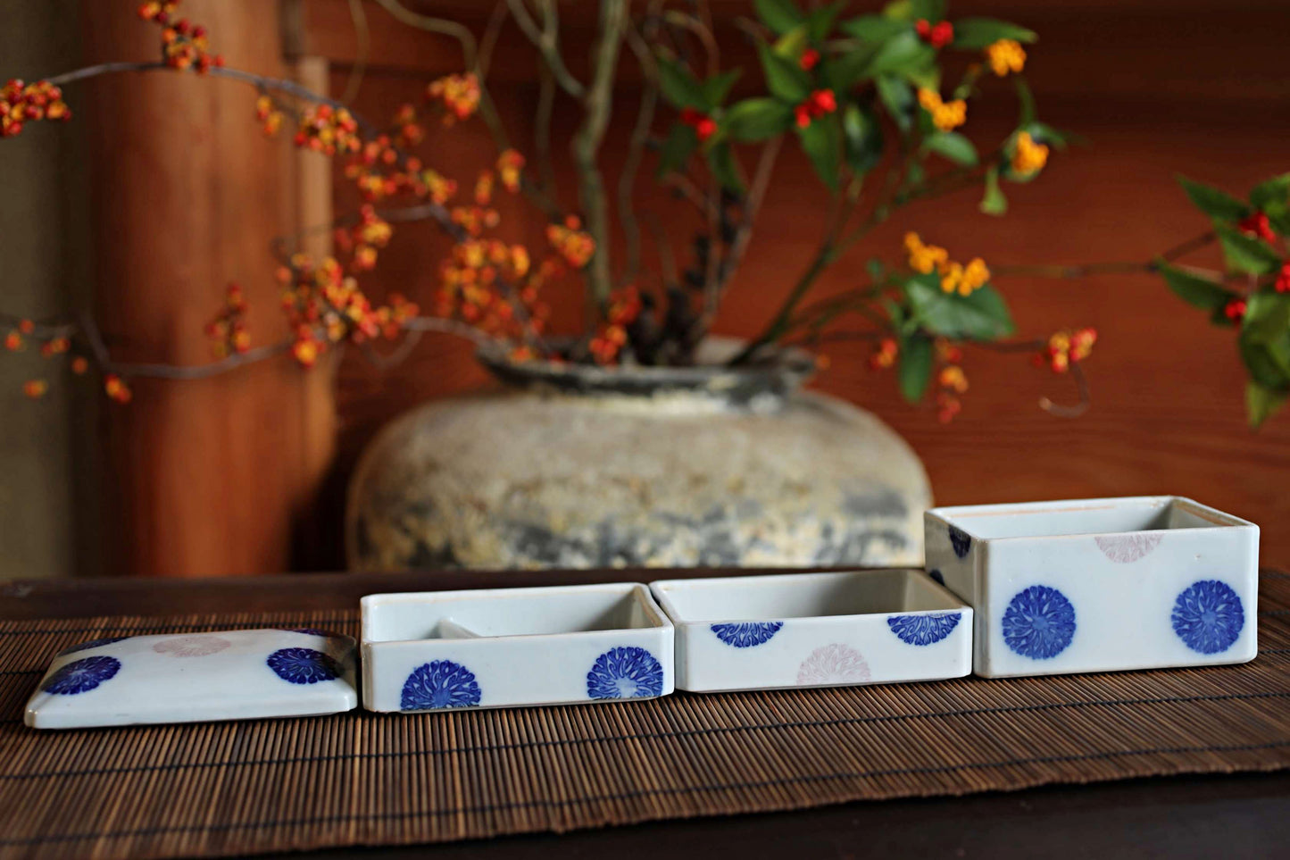 Antique Porcelain Jūbako Box, Seaweed Pattern, Stacking Ceramic Container