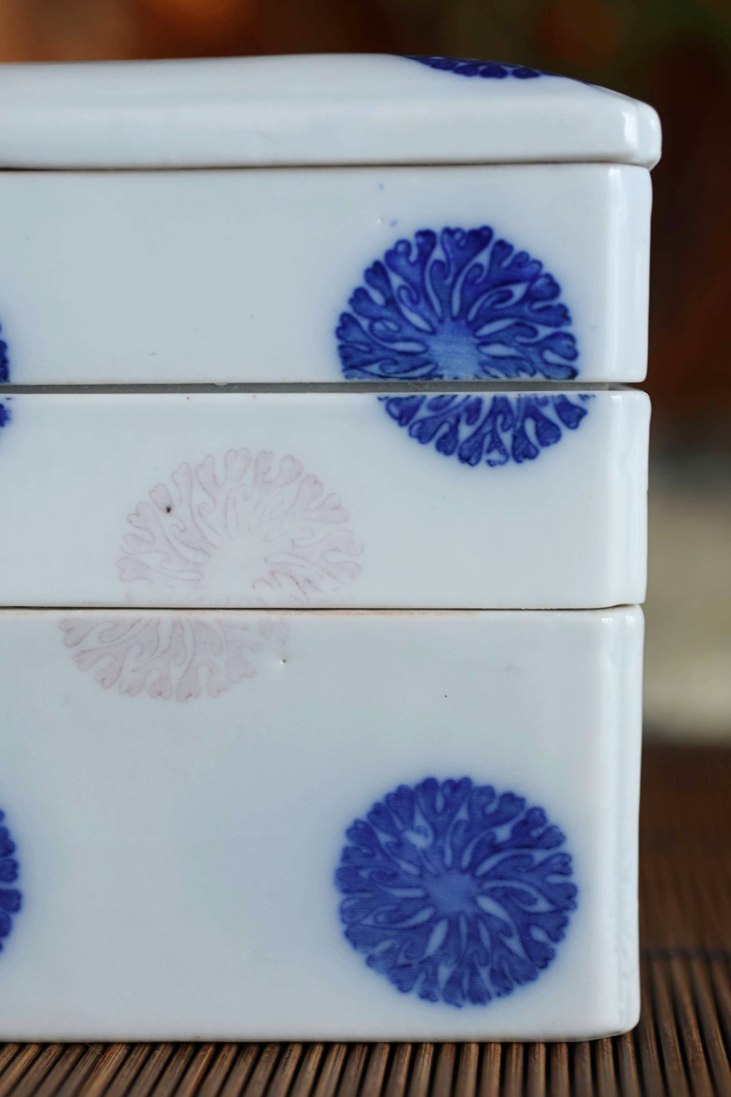 Antique Porcelain Jūbako Box, Seaweed Pattern, Stacking Ceramic Container