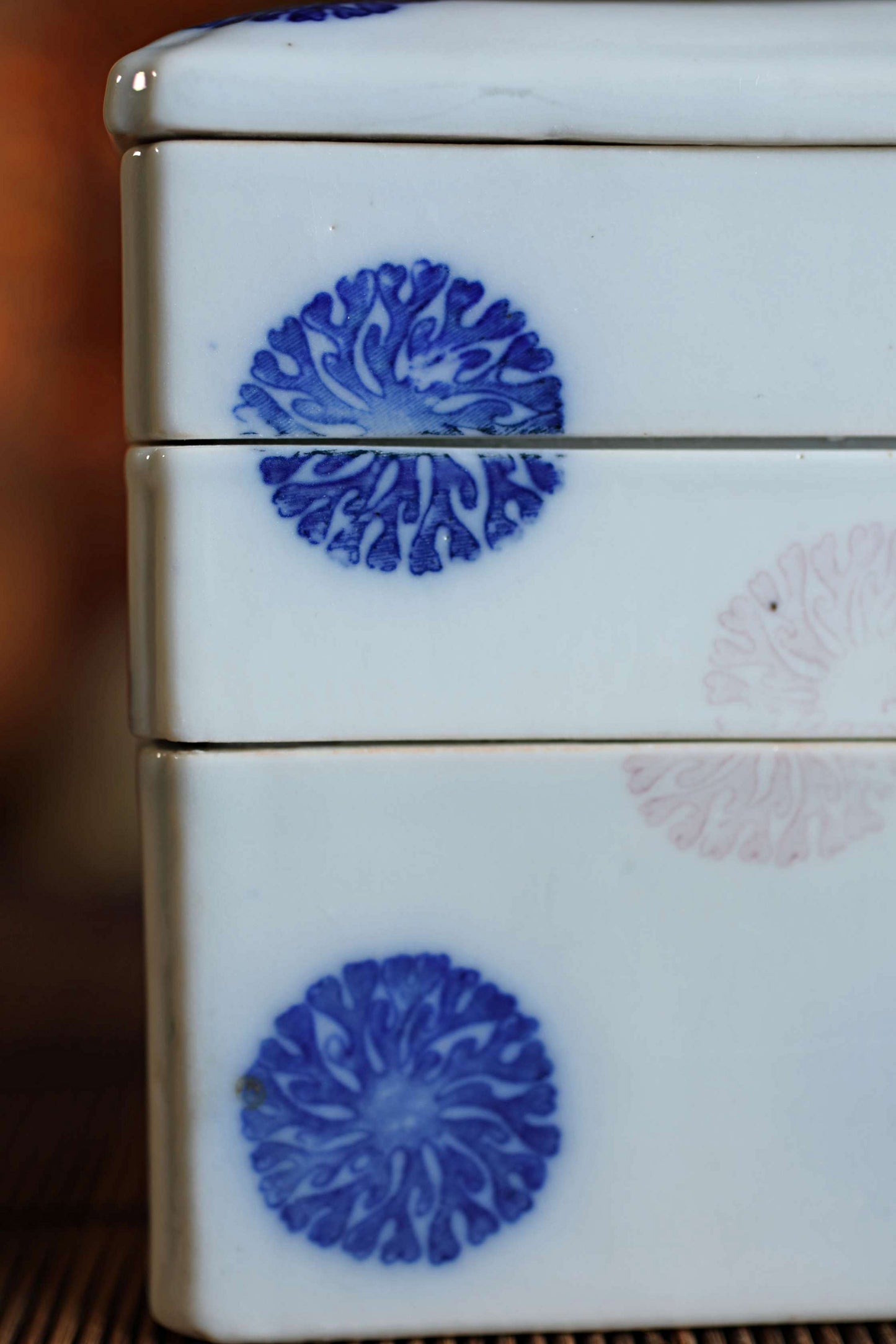 Antique Porcelain Jūbako Box, Seaweed Pattern, Stacking Ceramic Container