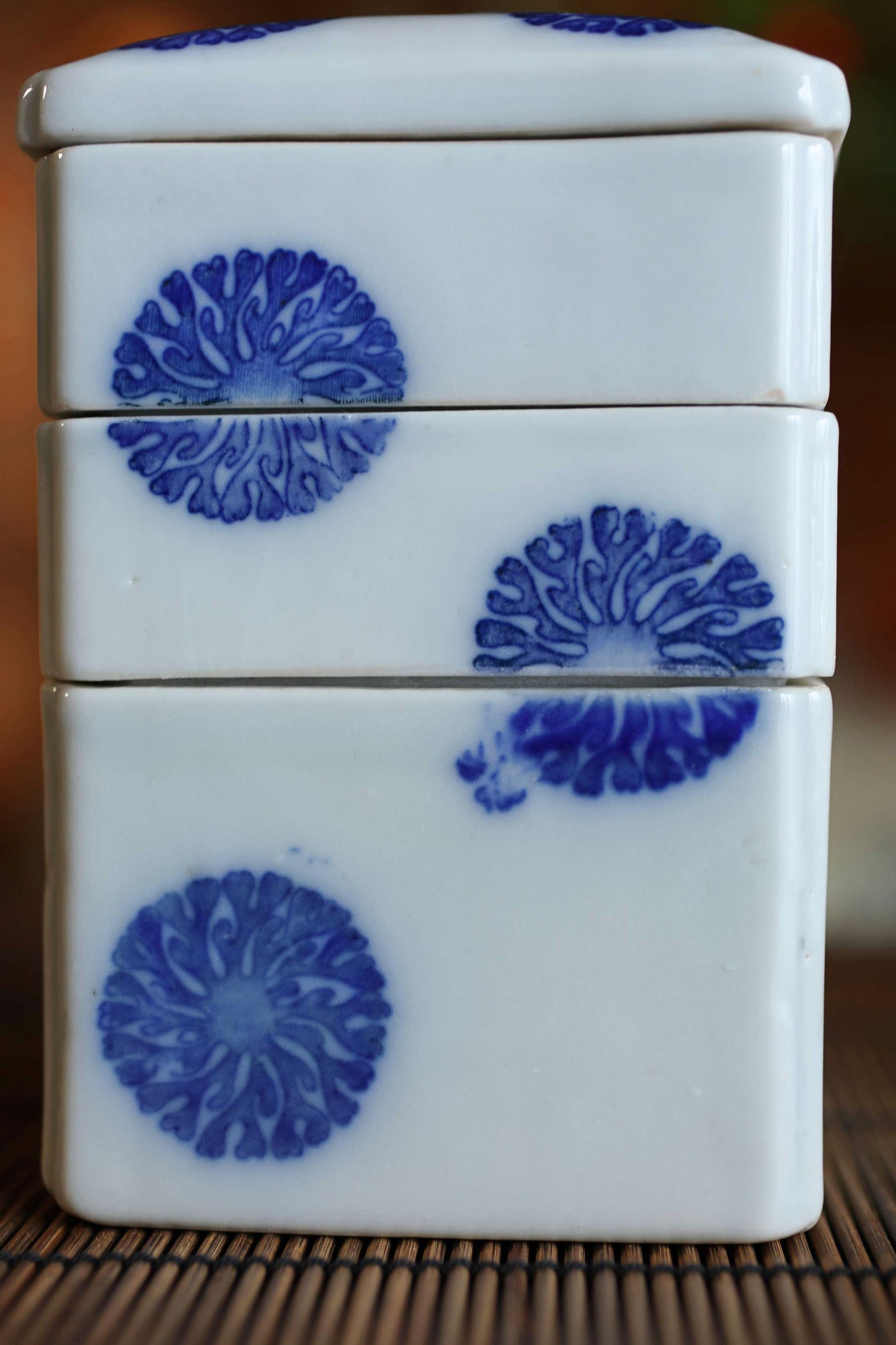 Antique Porcelain Jūbako Box, Seaweed Pattern, Stacking Ceramic Container