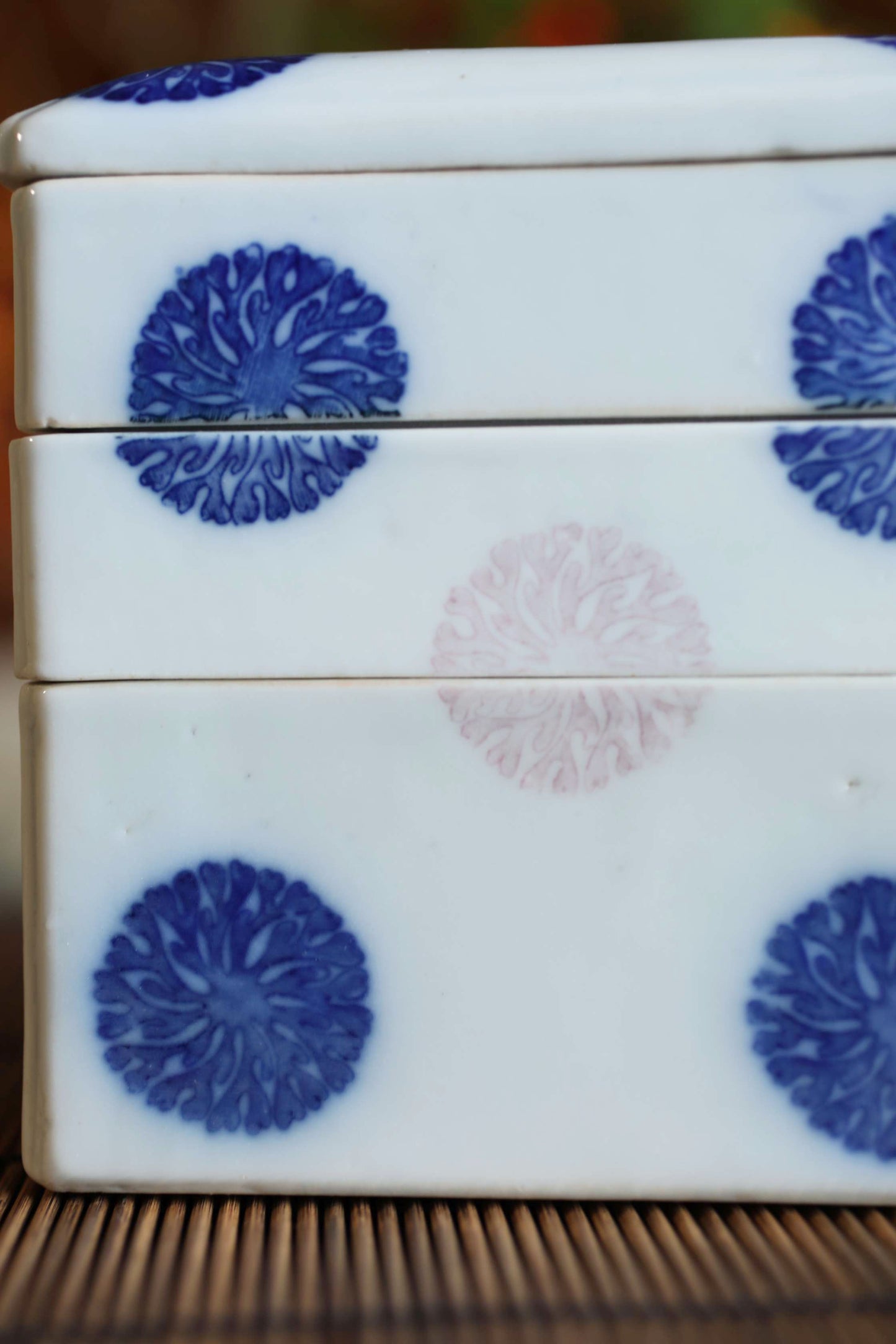 Antique Porcelain Jūbako Box, Seaweed Pattern, Stacking Ceramic Container
