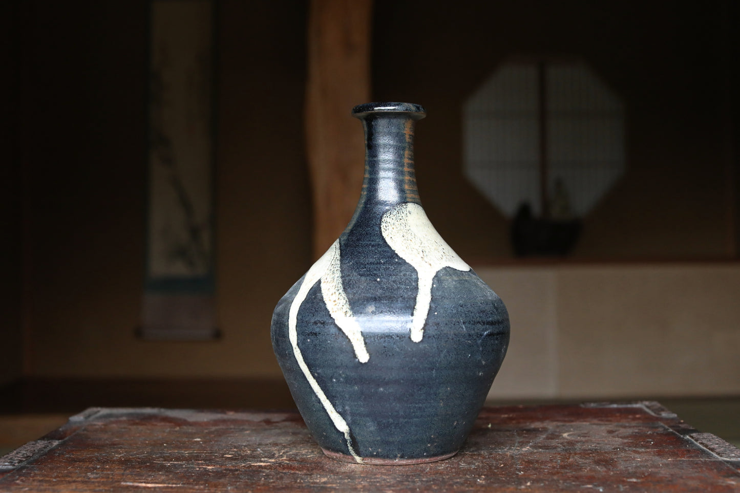 Vintage Japanese Ceramic Vase: KARATSU Black white Glaze Ikebana Tea Ceremony, Signed 9.1in/23in