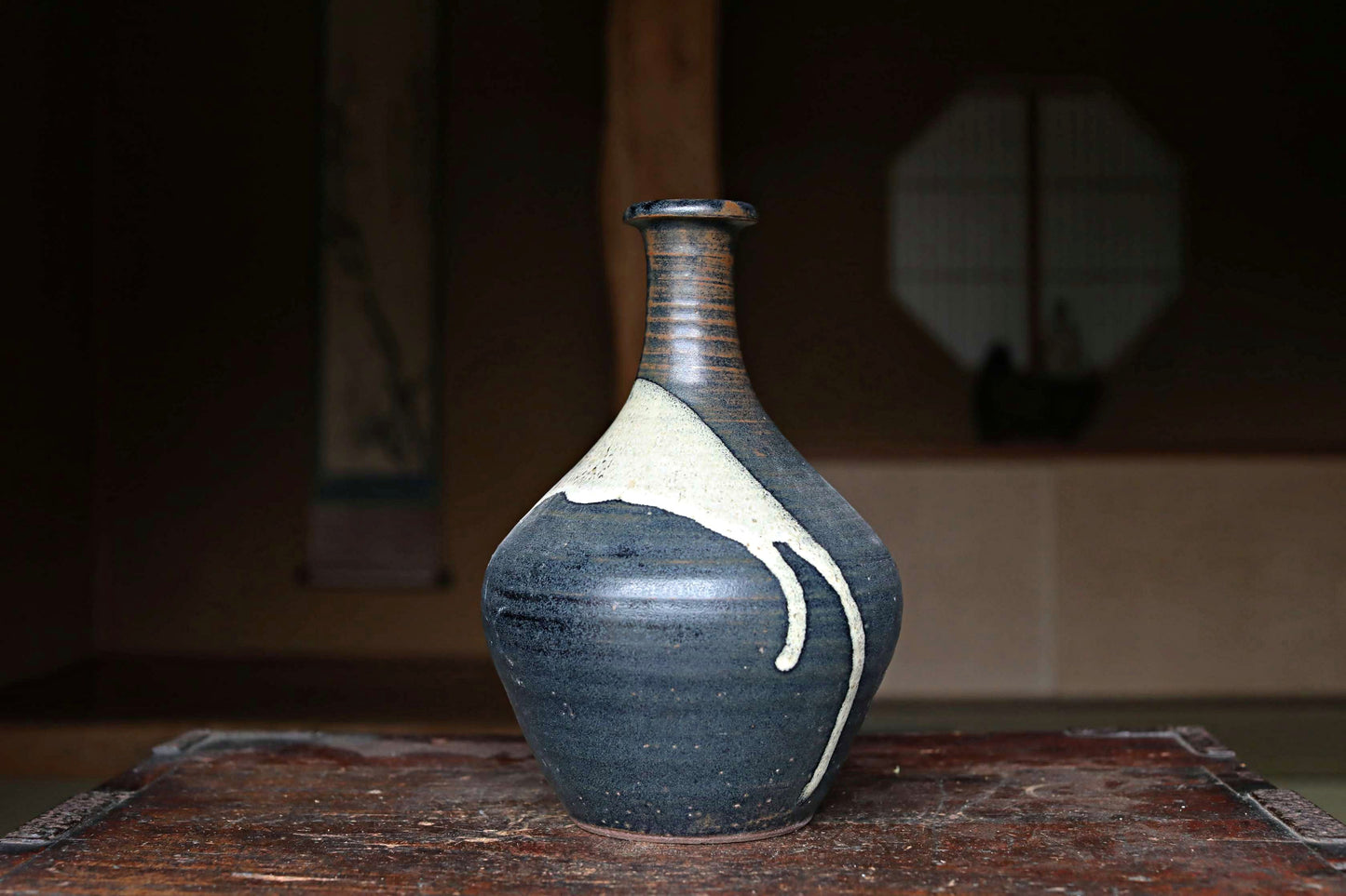Vintage Japanese Ceramic Vase: KARATSU Black white Glaze Ikebana Tea Ceremony, Signed 9.1in/23in