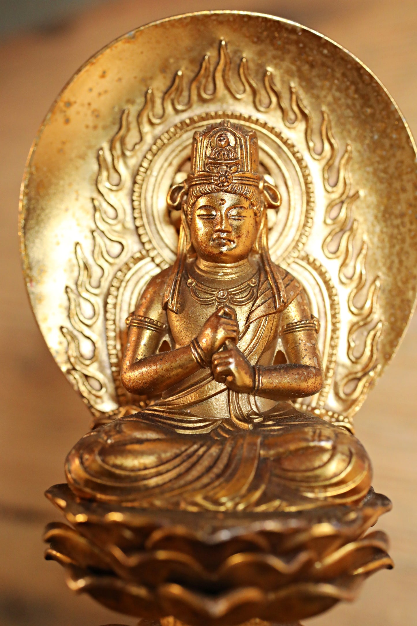 Japanese Mahavairocana Buddha Statue, Gold Metal Buddhism Sculpture, H5.9in/H15cm