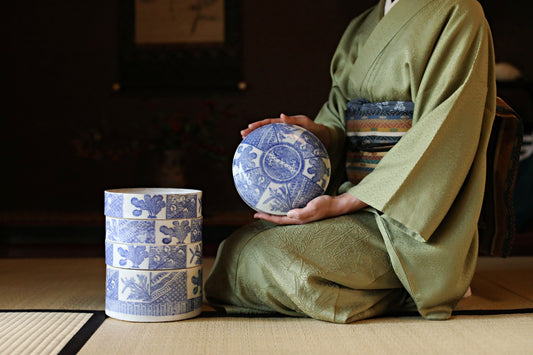 Antique Meiji Imari Jūbako Bento Box: Four-Tiered Blue Floral Porcelain