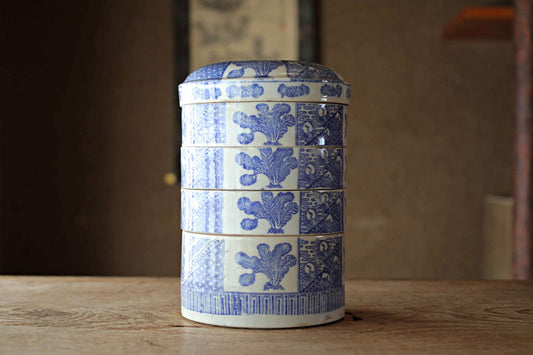 Antique Meiji Imari Jūbako Bento Box: Four-Tiered Blue Floral Porcelain