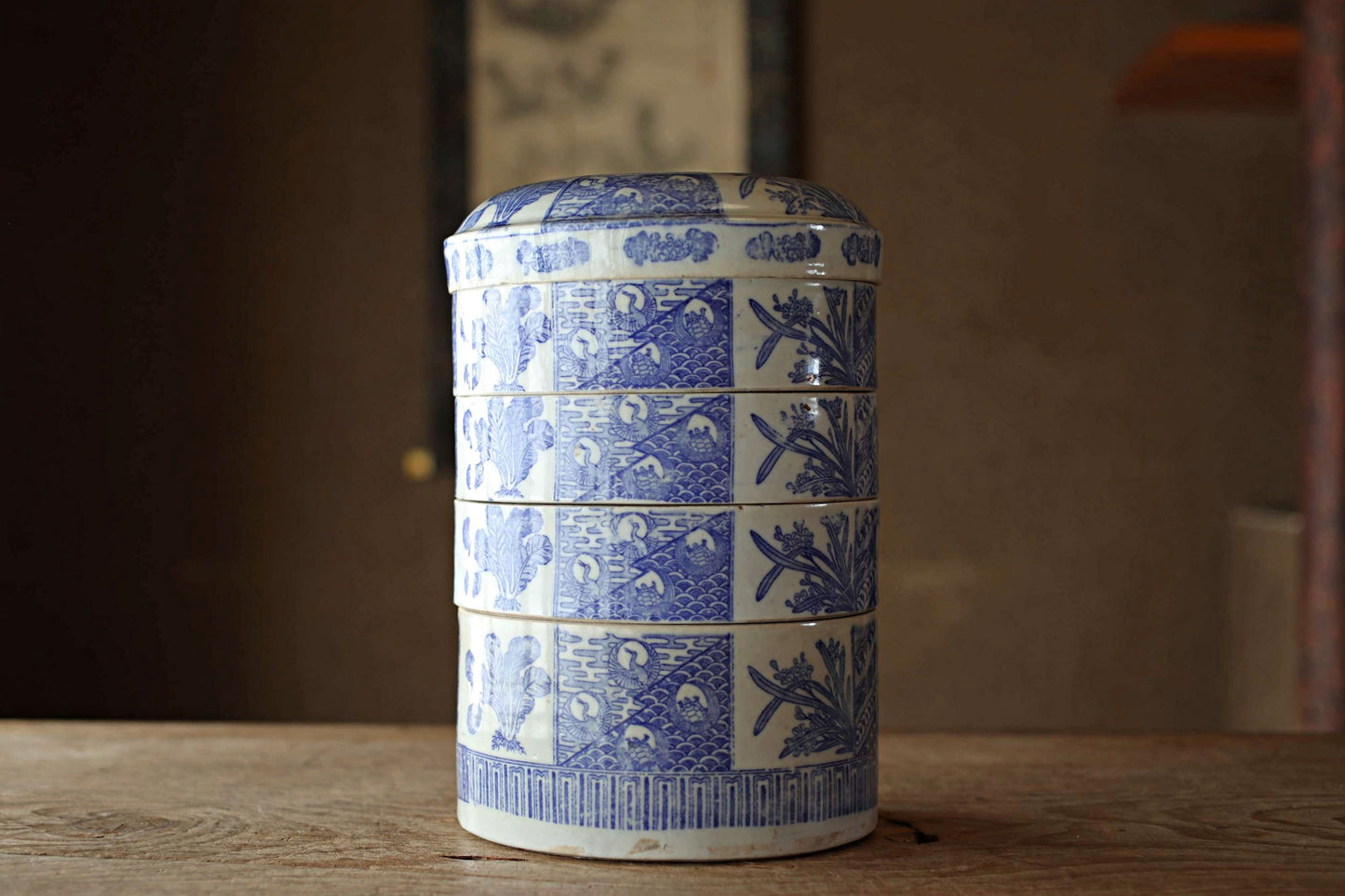 Antique Meiji Imari Jūbako Bento Box: Four-Tiered Blue Floral Porcelain