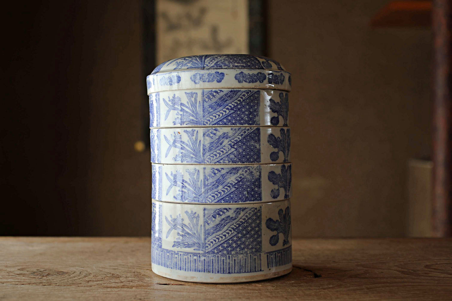 Antique Meiji Imari Jūbako Bento Box: Four-Tiered Blue Floral Porcelain