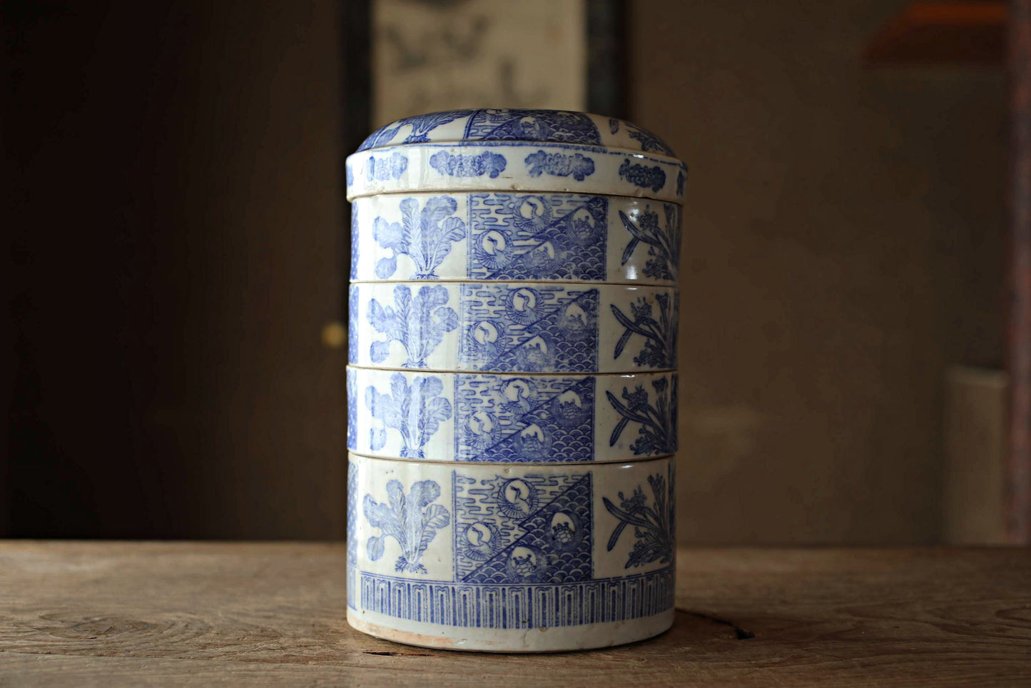 Antique Meiji Imari Jūbako Bento Box: Four-Tiered Blue Floral Porcelain