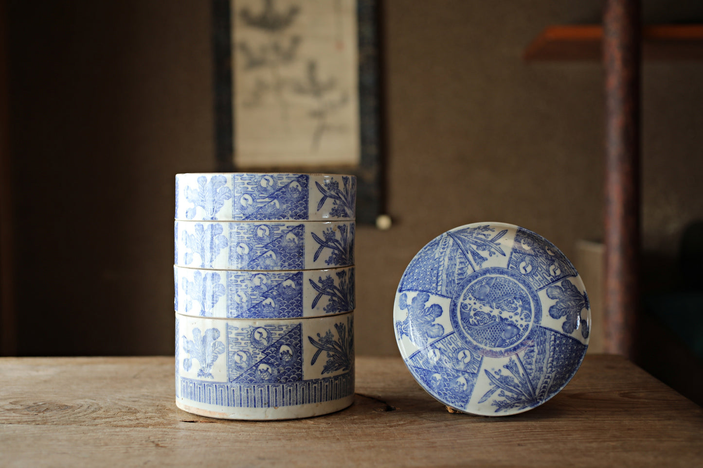 Antique Meiji Imari Jūbako Bento Box: Four-Tiered Blue Floral Porcelain