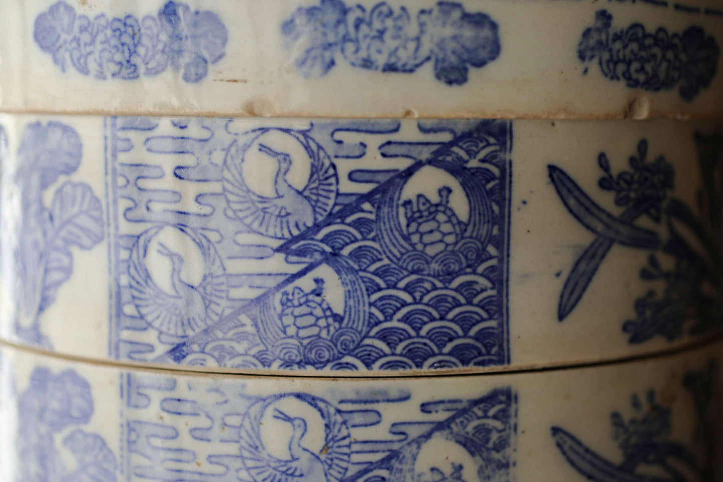 Antique Meiji Imari Jūbako Bento Box: Four-Tiered Blue Floral Porcelain
