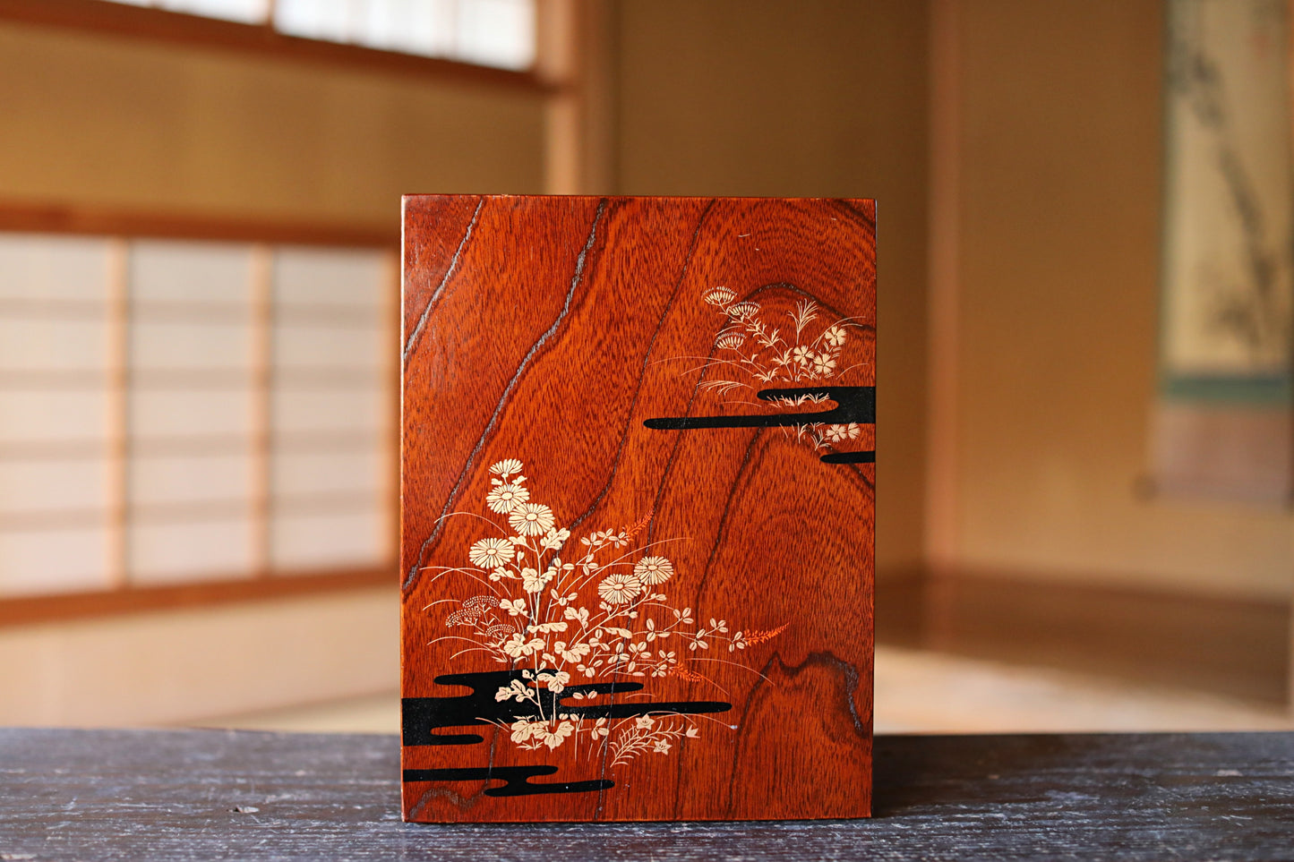 Japanese Makie Gold Lacquer Dark brown with Floral designs wooden box Two-tiered for letter container