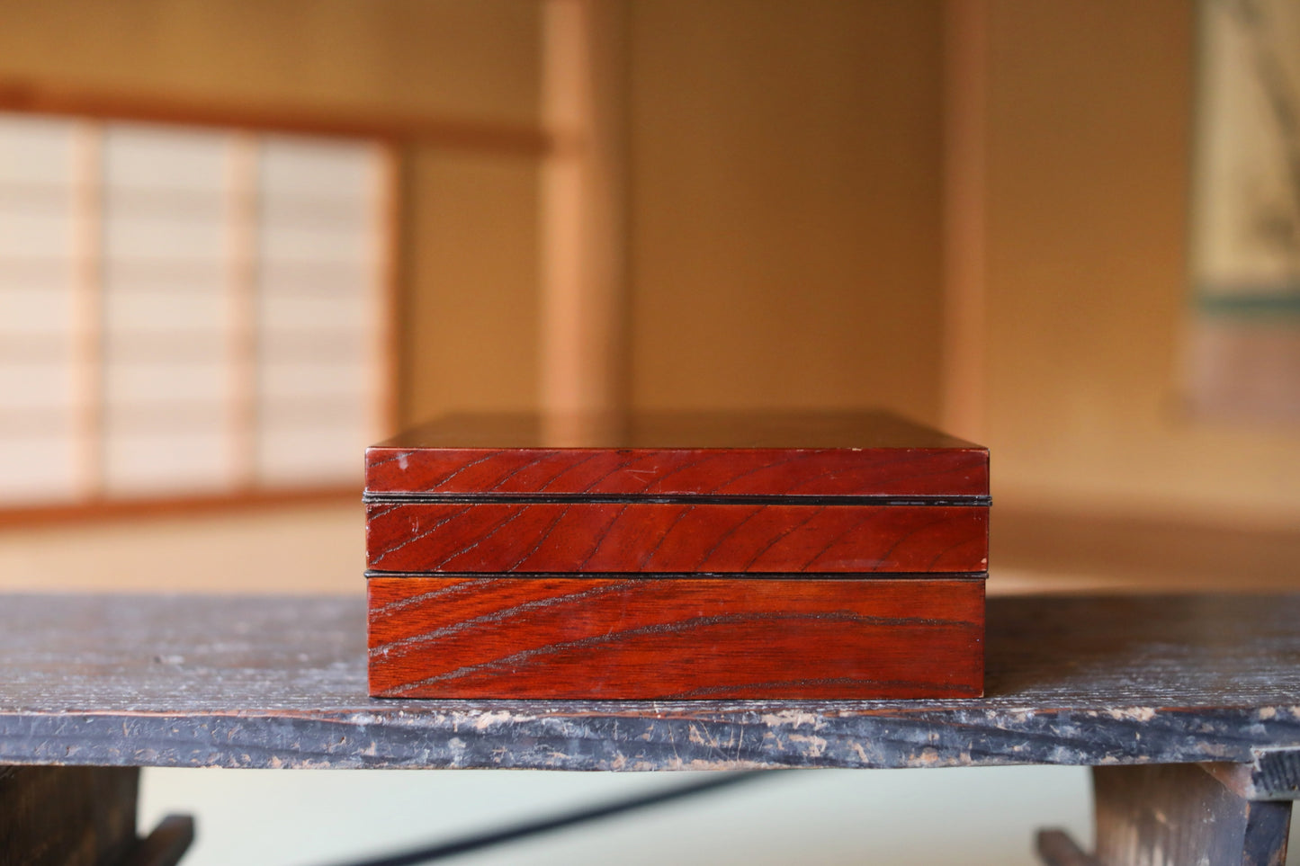 Japanese Makie Gold Lacquer Dark brown with Floral designs wooden box Two-tiered for letter container