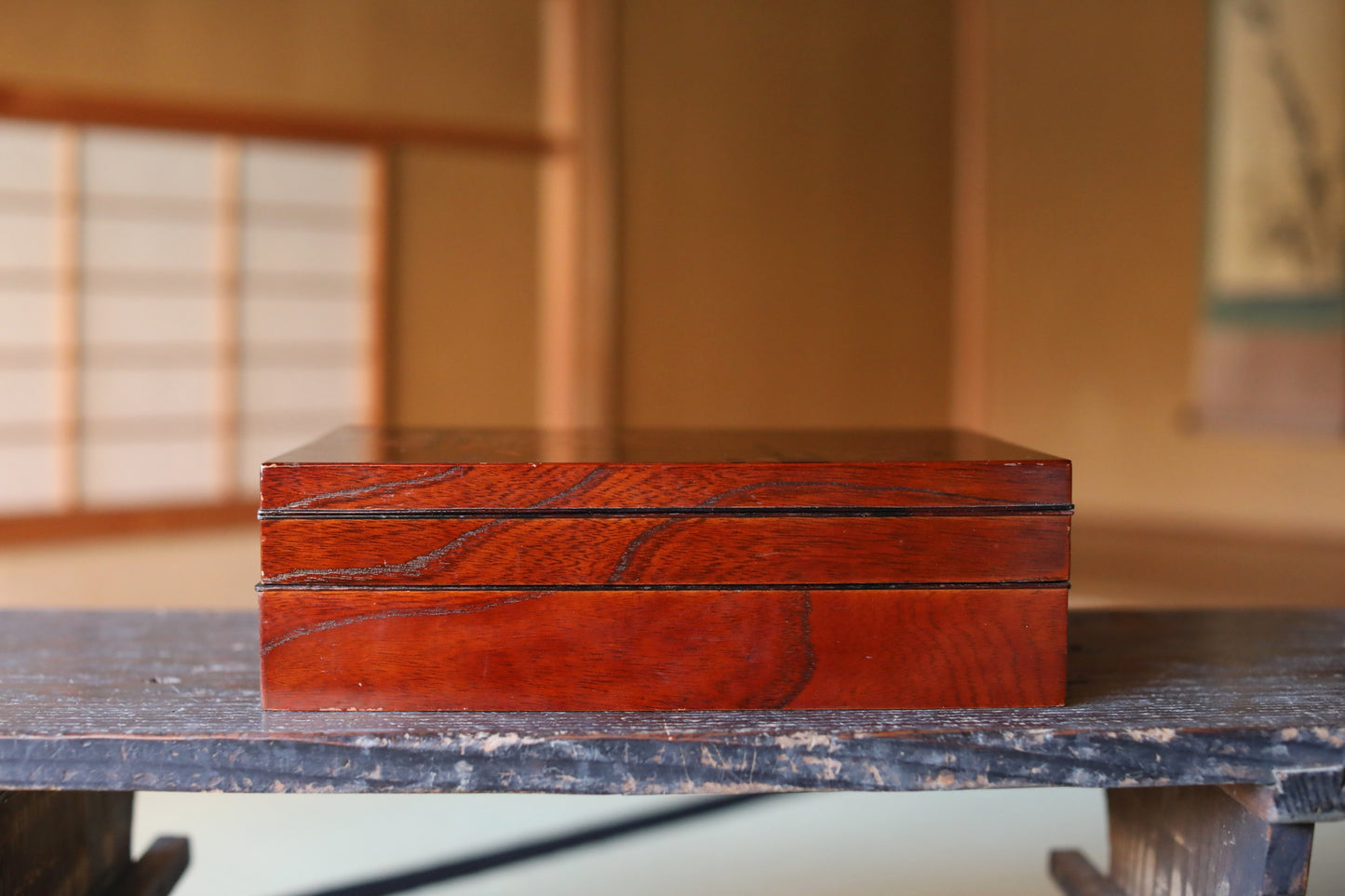 Japanese Makie Gold Lacquer Dark brown with Floral designs wooden box Two-tiered for letter container