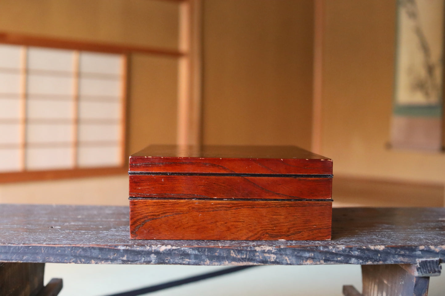 Japanese Makie Gold Lacquer Dark brown with Floral designs wooden box Two-tiered for letter container