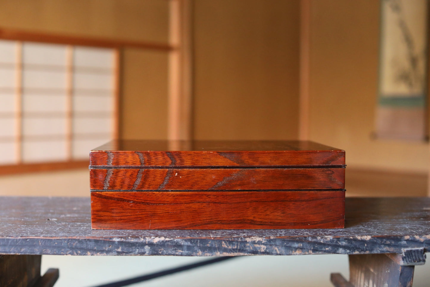 Japanese Makie Gold Lacquer Dark brown with Floral designs wooden box Two-tiered for letter container