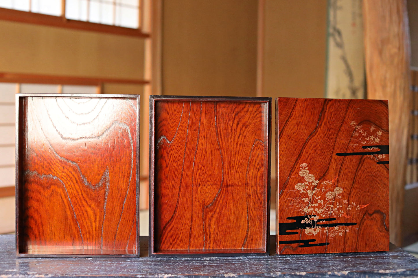 Japanese Makie Gold Lacquer Dark brown with Floral designs wooden box Two-tiered for letter container
