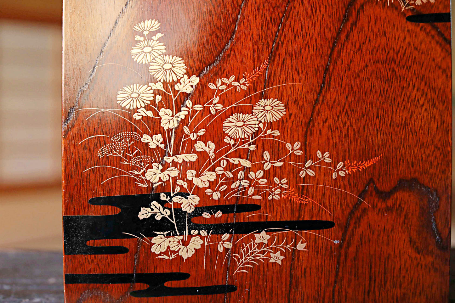 Japanese Makie Gold Lacquer Dark brown with Floral designs wooden box Two-tiered for letter container