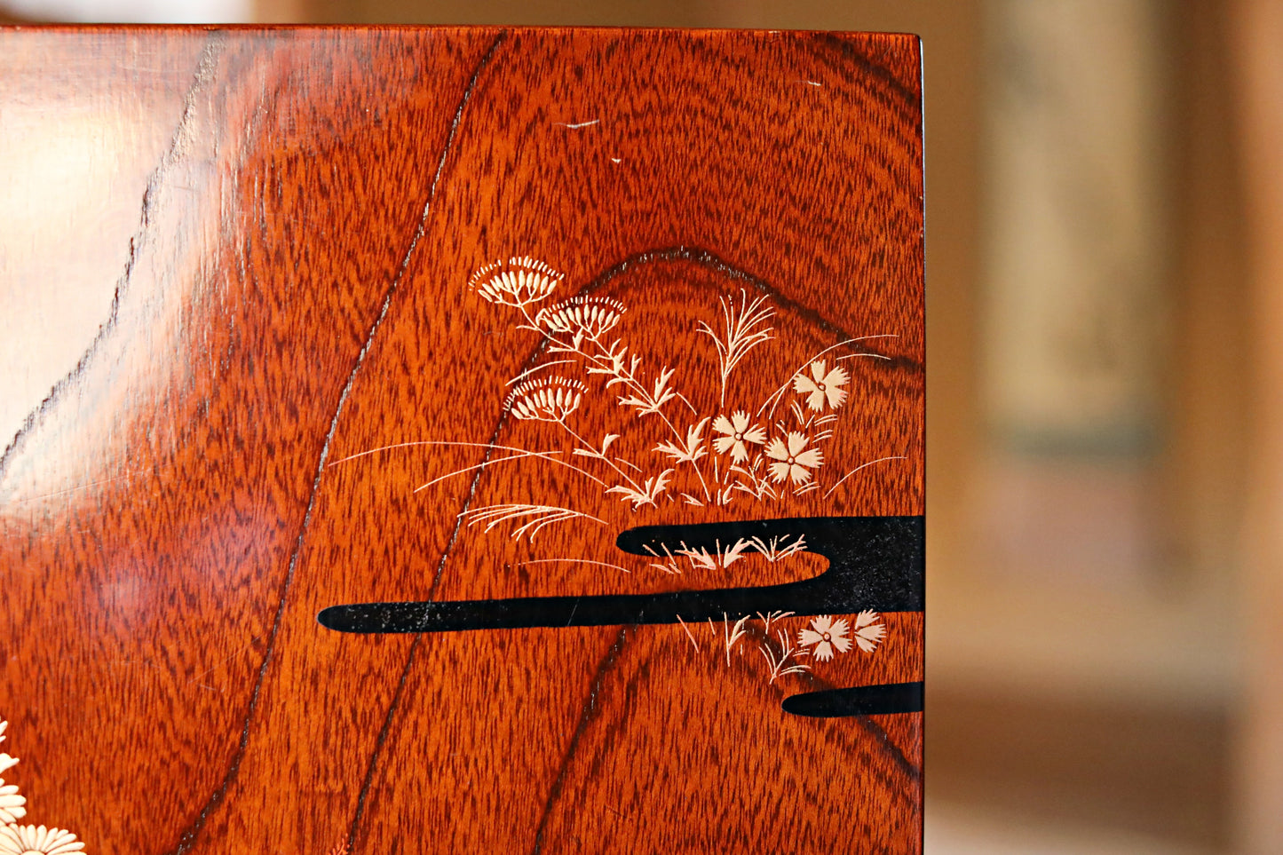 Japanese Makie Gold Lacquer Dark brown with Floral designs wooden box Two-tiered for letter container