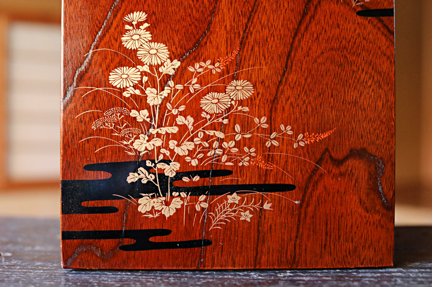 Japanese Makie Gold Lacquer Dark brown with Floral designs wooden box Two-tiered for letter container