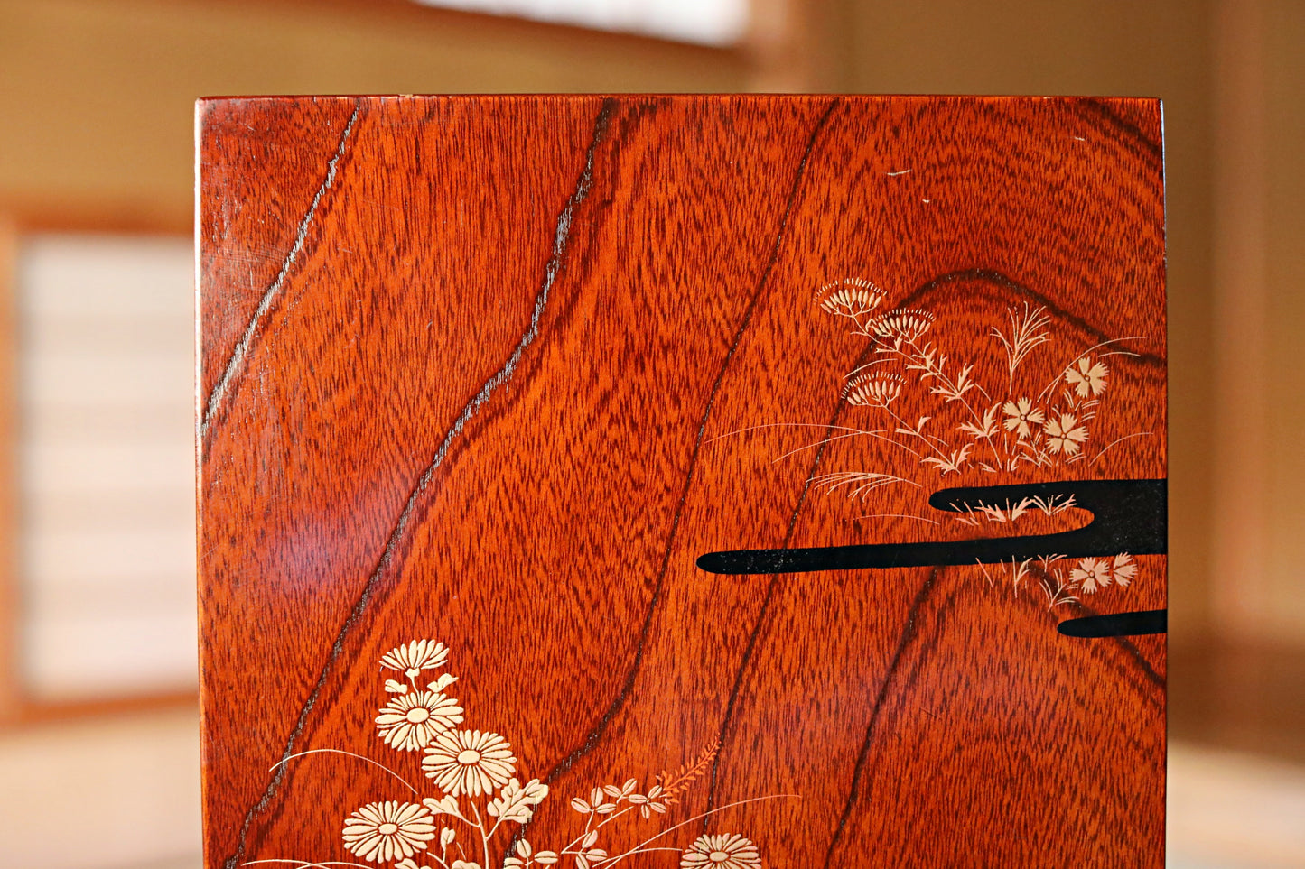 Japanese Makie Gold Lacquer Dark brown with Floral designs wooden box Two-tiered for letter container